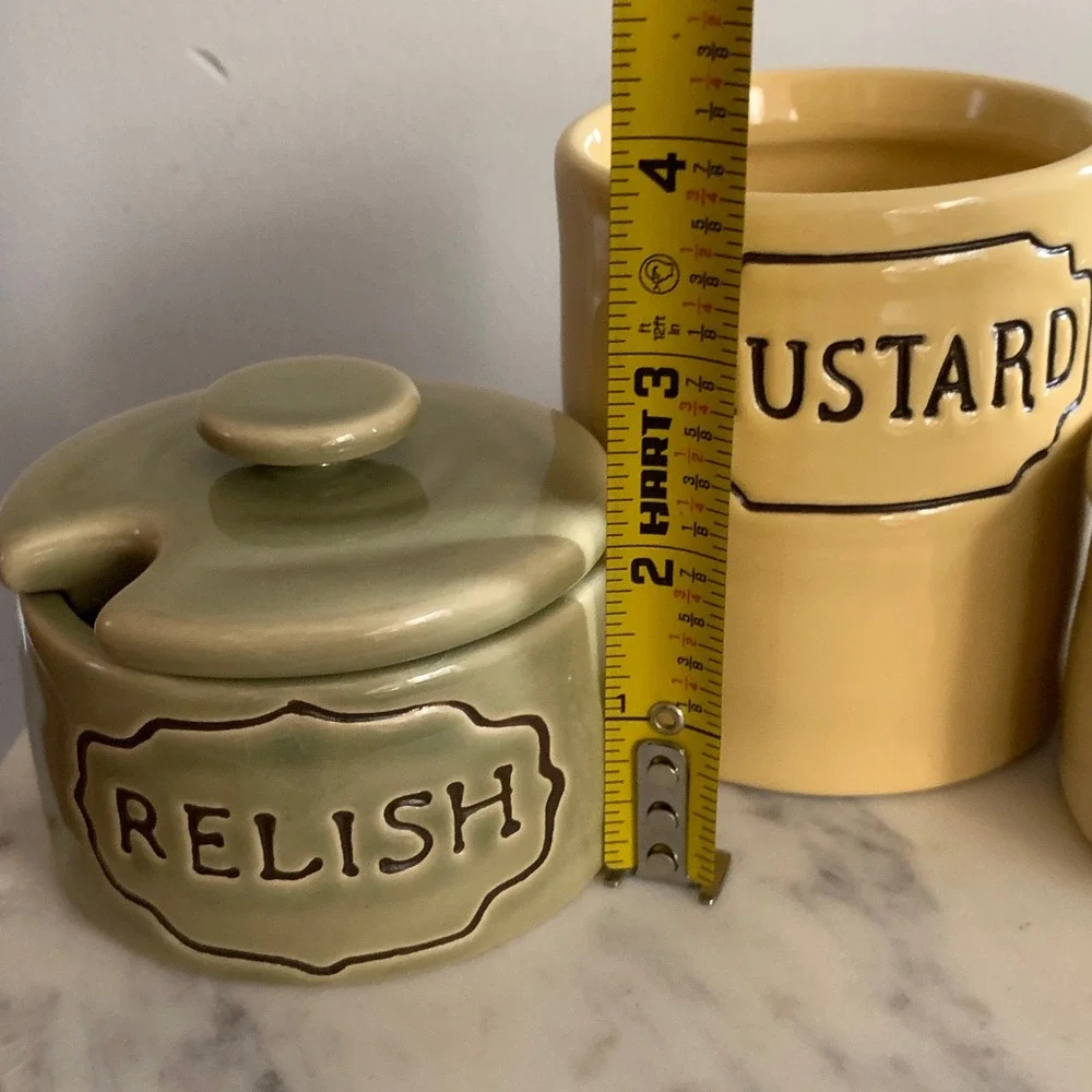Pottery Barn Ceramic Condiment Set Relish‎ Mustard Mayonnaise Jars 3 Piece Set